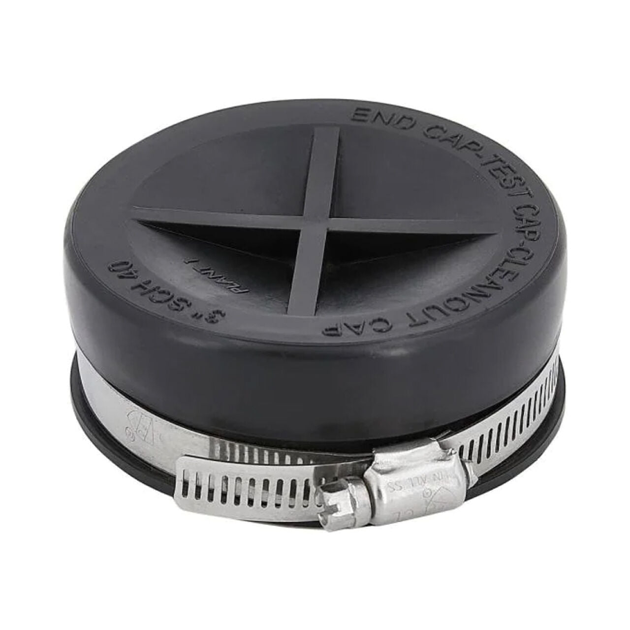 The Go Build 4 in. PVC DWV Flexible Cap is a black cap with a metal adjustable clamp, designed to seal pipe openings for testing or maintenance.